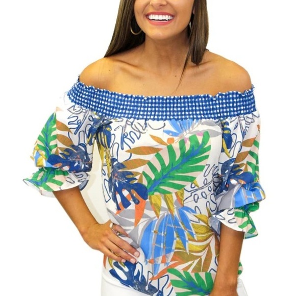 Jealous Tomato Off Shoulder Tropical Top Blouse Shirt Woman’s Size M Resort - Picture 14 of 14